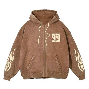 Sudadera con capucha de moda para hombre, con estampado de letras personalizado, cremallera, efecto desgastado, estilo urbano, de felpa con lavado en seco, 370g, 100% algodón, casual, corte regular - Product Image 1