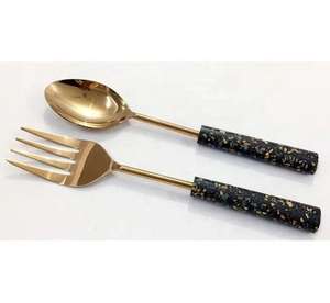 Cuillère et fourchette à salade de luxe en bois et résine avec poignées à perles, lavables au lave-vaisselle, conçues pour les fêtes et l'usage quotidien - Product Image 3