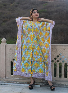 Eco-friendly 100% Indian Cotton Kaftan <b>Dress</b> Comfortable Floral Hand Block Printed Midi-Length <b>Lounge</b> Wear Casual <b>Dresses</b> - Product Image 3