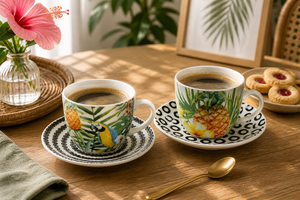 Juego de 6 tazas de espresso con platillo, 900 ml, porcelana, duraderas, estilo tropical chic de Excelsa Luxury, resistentes al calor, redondas - Product Image 3