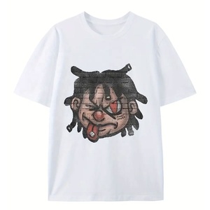 T-shirt blanc à manches courtes pour homme avec imprimé cartoon, style streetwear, col rond, coupe classique, jersey de coton - Product Image 1