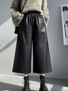 Original pantalon en cuir femmes automne hiver 2025 nouveau décontracté élastique taille haute jambe large poche pantalon noir kaki - Product Image 4