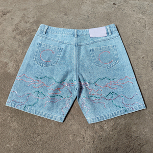 Shorts en jean de haute qualité, poids lourd, pour hommes, streetwear, coupe droite, denim moyen, broderie de logo, décoration en cristal, été, Y2K - Product Image 5