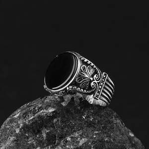 New Arrival Azuris VALKH1030 925 Sterling Silver Men's <b>Ring</b> Ottoman Style with Natural <b>Aqeeq</b> Stone Handmade in Turkey - Product Image 3