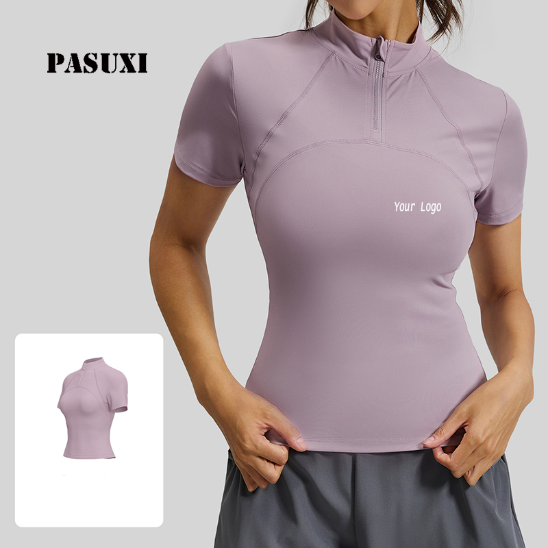 PASUXI Hot Selling Half-Zip Short Sleeve Yoga T-Shirt Women Summer Quick Dry High Elastic Slim Fit Outdoor Running Fitness Tops