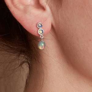 Boucles d'oreilles pendantes en argent sterling 925 véritable plaqué or 18 carats avec opale bleue triple véritable, cadeau de mariage pour femme, fête - Product Image 3