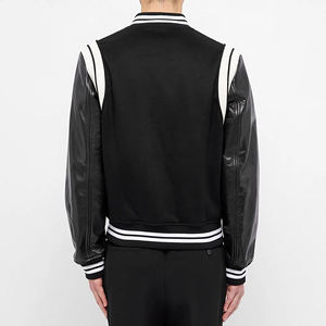 Veste universitaire unisexe noire, broderie de logo personnalisée, corps en laine avec manches en cuir, col et poignets rayés, style baseball - Product Image 3