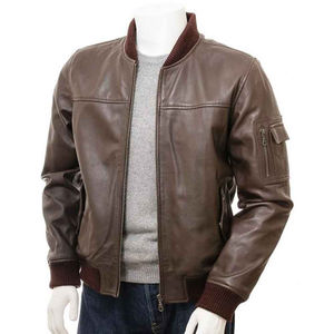 Veste en cuir à motif solide Vintage de haute qualité pour hommes XL col montant fermeture éclair hiver Style de rue teint en gros - Product Image 1