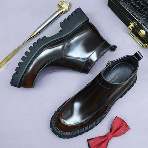 Botas Chelsea de cuero genuino para hombre, con cremallera, suela gruesa de piel de vaca, botas Martin de caña baja, botas de cuero brillantes hechas a mano - Product Image 1