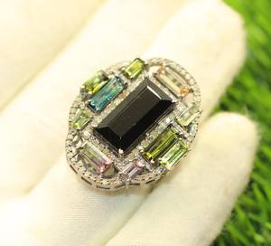 Bague cocktail en argent sterling 925 avec tourmaline naturelle multicolore et diamant taille unique, plaquée rhodium, sertie à griffes, pour soirée de luxe - Product Image 3