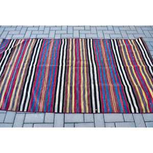 Turkish Vintage Kilim Rug 3.9x7.4 ft, <b>Red</b> Area Bordered <b>Wool</b> Rug - Product Image 3