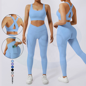 Femmes nouvelle mode 3 pièces ensemble de gymnastique haute élastique respirant sans couture vêtements d'entraînement avec motif solide pour la forme physique - Product Image 2