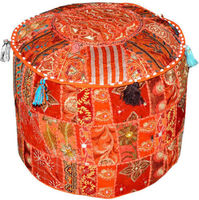 Dernière Housse de Pouf Ottoman Traditionnelle en Similicuir, Broderie Patchwork en Coton, Motif Paysager Orange, Rétractable, Non Rembourrée