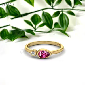 Gold Gemstone Band 6X4 MM Rhodolite Garnet Pear Cut Bezel Set Ring White Diamond Ring Handmade Jewelry Wholesale Supplier