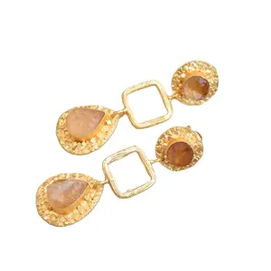 黄水晶生宝石手工饰品镀金耳环批发商热卖长滴个性化饰品耳环