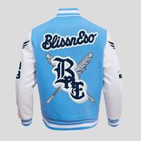 Jaket Varsity Kulit Lengan Panjang Model Letterman untuk Pelajar & Tim, dengan Kain Wol dan Bordir Chenille