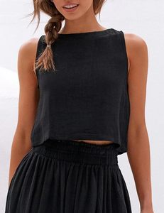 Camisetas sin mangas cortas sin mangas de verano para mujer, 70% viscosa transpirable, 30% Lino, algodón y lino para el verano - Product Image 5