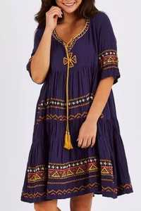 Lo más nuevo bohemio Casual mujeres vacaciones corto Maxi vestido señora bordado cuello en V media manga tela de rayón señoras Maxi vestido - Product Image 3