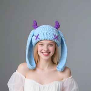 Bonnet tricoté chaud unisexe 100% acrylique, fait main, avec grandes oreilles de lapin et mignonnes cornes de diable, idéal pour l'hiver et la plage - Product Image 5