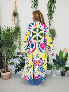 Multicolor Cotton Kimono with Embroidered Mandarin Collar Festival <b>Coat</b> - Product Image 5