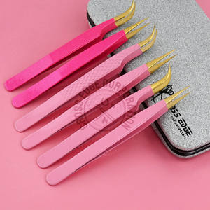 Premium Fiber Tip Eyelash Extension Tweezer Pink Coating Curved Volume Japanese Steel Diamond Grip Lash <b>Tool</b> - Product Image 1