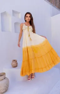 Vestido largo con volantes para trabajo manual y bordado de diseñador indio bohemio para ropa de verano para mujer cuello redondo con vestido de borla - Product Image 2