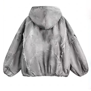 High Quality Distressed <b>Men</b> Hoodies Applique Patch Embroidery 500gsm Oversized Acid Wash French Terry Cotton Zipper Hoodies - Product Image 2