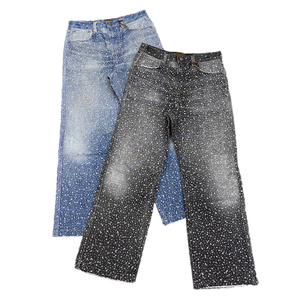Venta al por mayor personalizado vintage lavado completo strass holgado recto pantalones de mezclilla de gran tamaño cristal strass Streetwear Jeans para hombres - Product Image 4