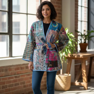 Kimono Kantha Stone Wash <b>Jacket</b> Handmade Indian Floral <b>Pattern</b> Robe <b>Quilted</b> and Breathable Coat Autumn Winter - Product Image 3