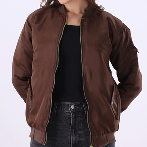 Chaqueta Bomber Marrón Chocolate para Mujer, Diseño Clásico con Cremallera Completa, Bolsillo Utilitario en el Brazo, Prenda Exterior Informal Ligera, Moda Otoñal - Product Image 4
