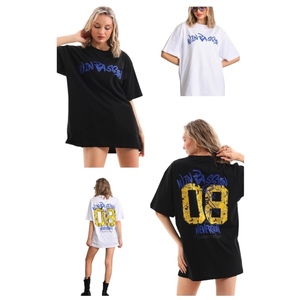 T-shirt en coton épais à imprimé graphique vintage streetwear d'été, grande taille, avec logo et diamants pour femme - Product Image 5