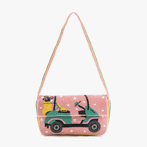 Sac à bandoulière moderne en perles roses, broderie verte chariot de golf, sac à main fantaisie pour femme, mignon, tendance, pour fête et usage quotidien - Product Image 1