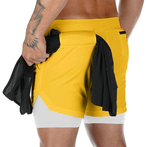 Courir respirant solide décontracté hommes 2 en 1 couches sport piste tissu entraînement taille moyenne Gym Shorts avec poches - Product Image 5