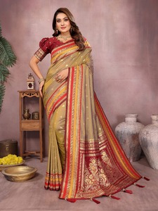 Saree Kalamkari de encaje a mano puro elegante con borde tejido Zari y Pallu transpirable ecológico perfecto para todas las ocasiones - Product Image 3