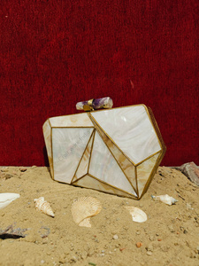 Handcrafted Mother of Pearl Geometric Panel Clutch with <b>Gold</b> Brass Frame Luxury Evening Party Designer <b>Handbag</b> - Product Image 3