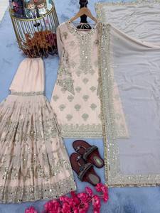 Indian Pakistani Style Exclusive <strong>Designer</strong> Mono Soft <strong>Net</strong> Sequence Embroidery Stone Work Sharara Palazzo <strong>Suit</strong> for Weddings Parties - Product Image 2