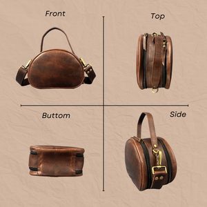 Petit sac à bandoulière rond en cuir véritable pour femmes Sacoche marron à deux poignées avec fermeture à glissière Sac à main élégant à bandoulière - Product Image 2