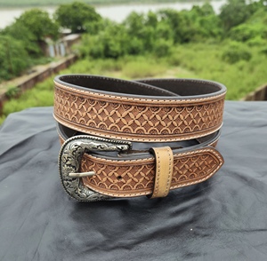 Western <b>Tooled</b> Leather <b>Belt</b> with Basket Weave Pattern and Antique Silver Buckle - Product Image 1