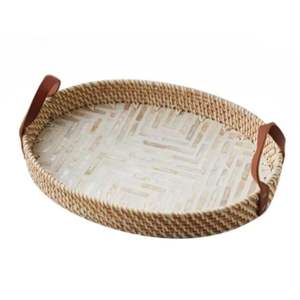 Producto de tendencia caliente, fregona de ratán, bandeja ovalada con mango de cuero, diseño variado para mesa, café y artículos de cocina de Vietnam - Product Image 2