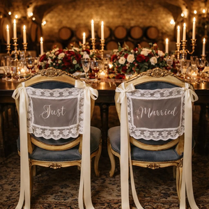Élégantes bannières de chaise en dentelle transparente pour mariés, brodées « Just Married », pour décoration de table des mariés - Product Image 1