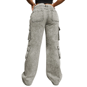Custom Womens <b>Light</b> Grey Wide Leg Cargo Jeans Mid Regular Fit for Wash Denim Utility Streetwear Pants Everyday 100% Cotton - Product Image 2
