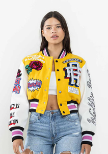 Veste universitaire courte respirante pour femmes de grande taille Vestes de baseball Letterman à manches en cuir brodées avec logo personnalisé - Product Image 3