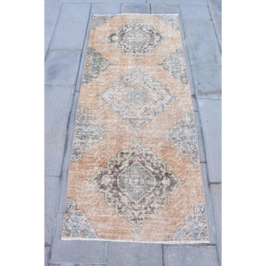 2.7x6.4 ft Rug, Turkish Vintage Rug, <b>Brown</b> Blue Camouflage <b>Wool</b> Rug - Product Image 1