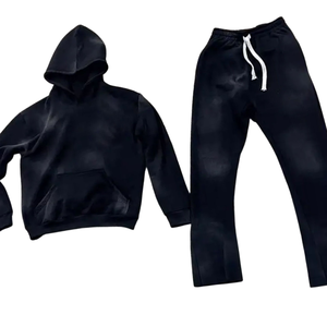 Ensemble survêtement à capuche noir délavé à l'acide pour homme, sweat-shirt en molleton vintage, pantalon de jogging droit, streetwear minimaliste, hiver - Product Image 6