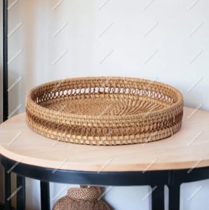 Bandeja redonda de bambú para servir con asa Bandeja de mimbre de madera Cesta Cubiertos Almacenamiento natural Tejido Mimbre Sirviendo para alimentos - Product Image 1