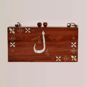 이슬람 결혼 선물 개인 클러치 박스, 수제 나무 인도 핸드백, 이슬람 맞춤형 골드 클러치