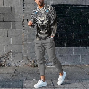 Ensemble à manches longues pour hommes imprimé en 3D motif de lion et d'animaux mode décontractée vêtements de rue sweat-shirt à col rond et pantalon de jogging - Product Image 3
