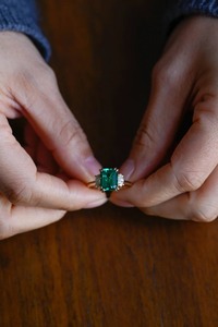 Vintage Bridal Engagement <b>Ring</b> Gold <b>Emerald</b> Three Stone Prong Setting Anniversary/Birthday Gift for Her Third Party Certified - Product Image 5