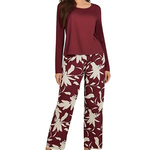 เซตชุดนอนแขนยาวของผู้หญิงผ้าระบายอากาศได้ดีย้อมสีเรียบๆเอวยางยืดนุ่มสบายฤดูร้อน - Product Image 1