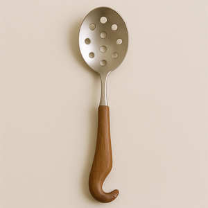 Cuillère à fente moderne en acier inoxydable de qualité supérieure Ustensile de cuisine ergonomique à manche en bois pour la cuisine et les fêtes - Product Image 3